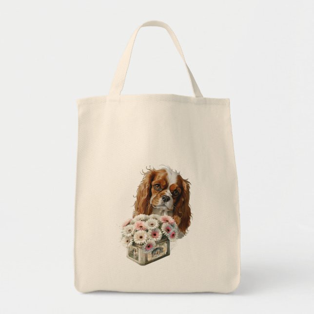 Cavalier King Charles Spaniel with Flowers Tote Bag (Front)