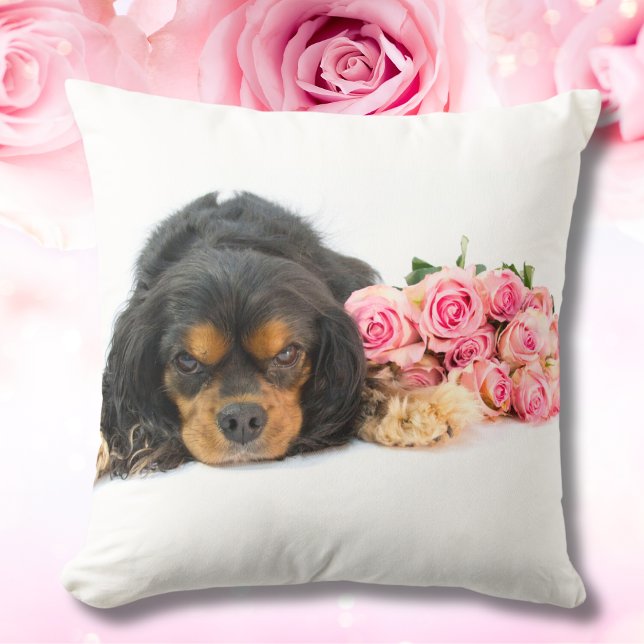 Cavalier King Charles Spaniel With Pink Roses Throw Pillow (Creator Uploaded)
