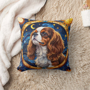 Cavalier King Charles Stained Glass Night Sky Moon Throw Pillow