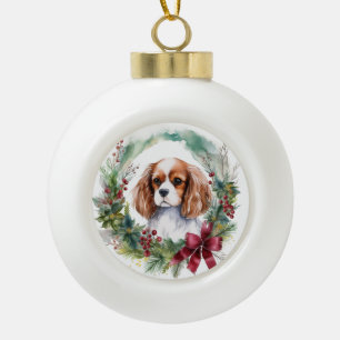 Cavalier King Christmas Wreath Festive Pup  Ceramic Ball Christmas Ornament