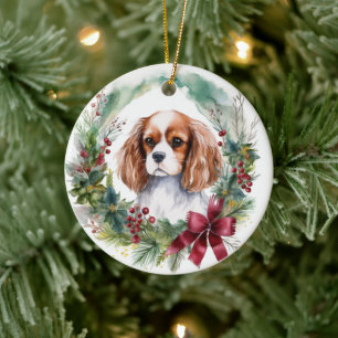 Cavalier King Christmas Wreath Festive Pup  Ceramic Ornament