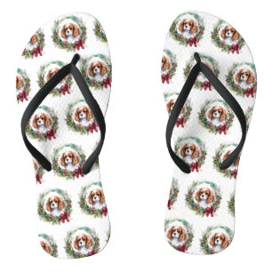 Cavalier King Christmas Wreath Festive Pup  Flip Flops