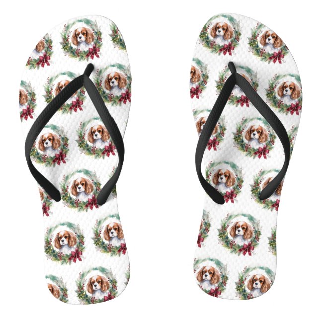 Cavalier King Christmas Wreath Festive Pup  Flip Flops (Footbed)