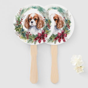 Cavalier King Christmas Wreath Festive Pup  Hand Fan