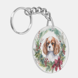 Cavalier King Christmas Wreath Festive Pup Keychain
