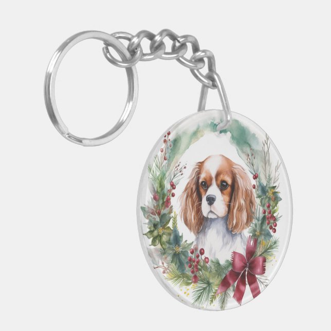 Cavalier King Christmas Wreath Festive Pup  Keychain (Front Left)
