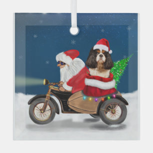 Cavalier King Dog Christmas Santa Claus Glass Ornament