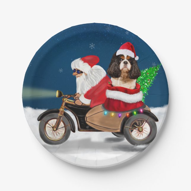 Cavalier King Dog Christmas Santa Claus Paper Plate (Front)