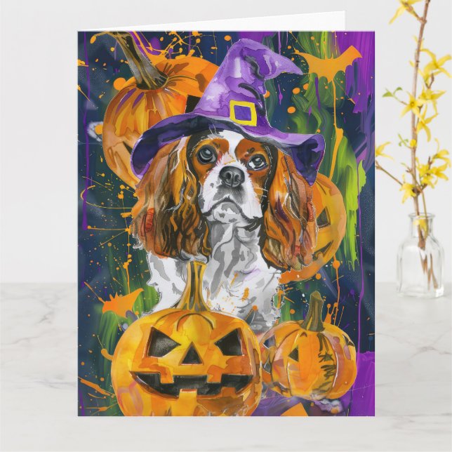 Cavalier King Dog Halloween Witch And Pumpkin Card (Yellow Flower)