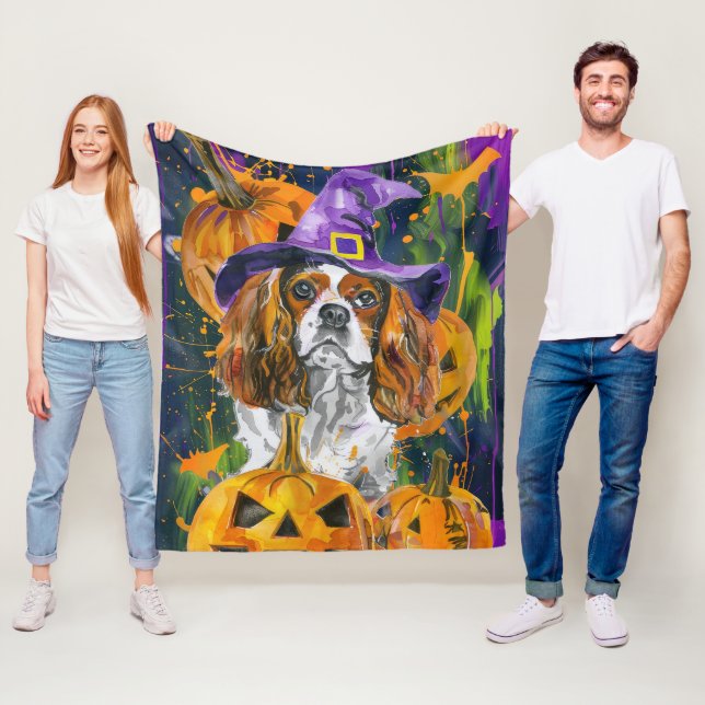 Cavalier King Dog Halloween Witch And Pumpkin Fleece Blanket (In Situ)