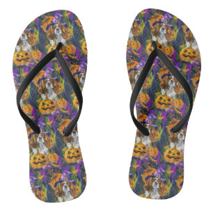 Cavalier King Dog Halloween Witch And Pumpkin Flip Flops