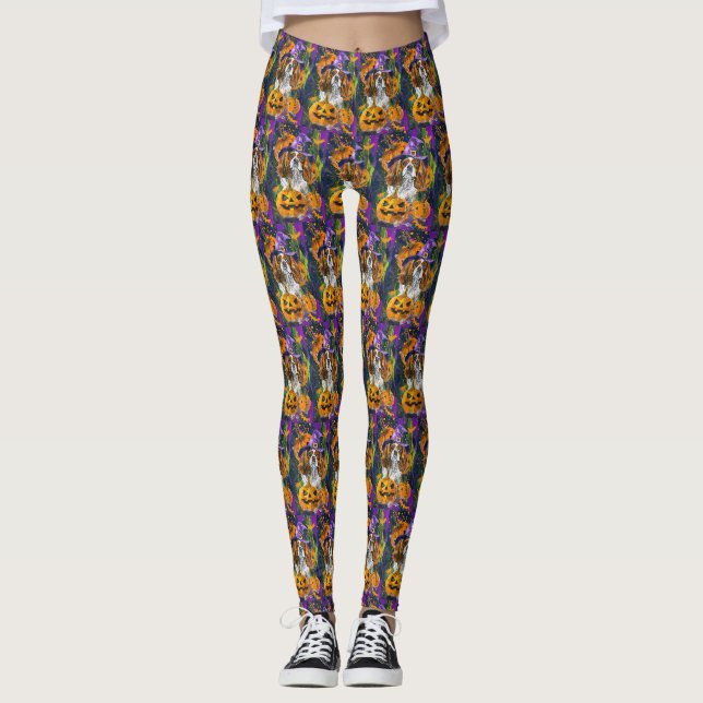 Cavalier King Dog Halloween Witch And Pumpkin Leggings (Front)