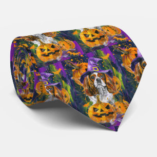 Cavalier King Dog Halloween Witch And Pumpkin Tie
