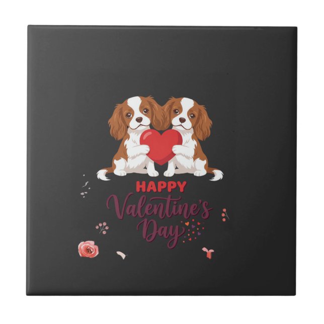 Cavalier King Dog Happy Valentines Day Floral Tile (Front)