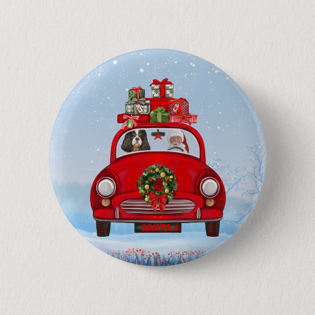 Cavalier King Dog In Car With Santa Claus 2 Inch Round Button (Front)