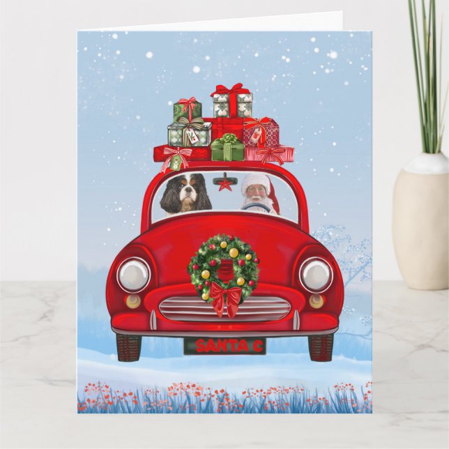 Cavalier King Dog In Car With Santa Claus  Card (Front)