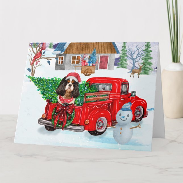 Cavalier King Dog In Christmas Delivery Truck Snow Card (Front)