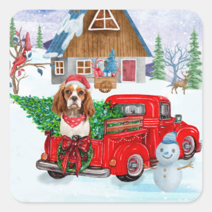 Cavalier King Dog In Christmas Delivery Truck Snow Square Sticker
