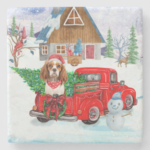 Cavalier King Dog In Christmas Delivery Truck Snow Stone Coaster