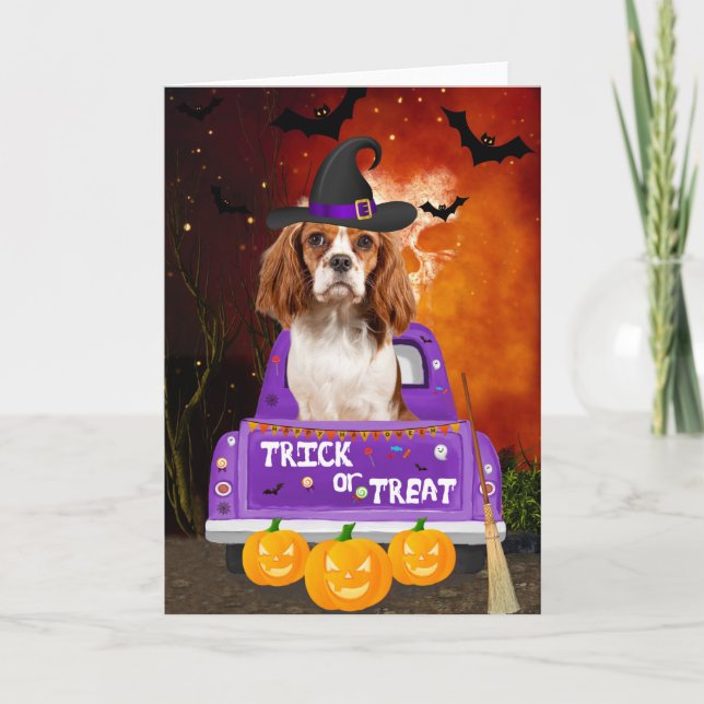 Cavalier King Dog in Halloween Truck Card (Front)