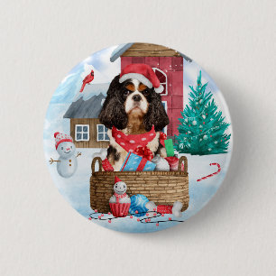 Cavalier King Dog In snow Christmas Dog House 2 Inch Round Button