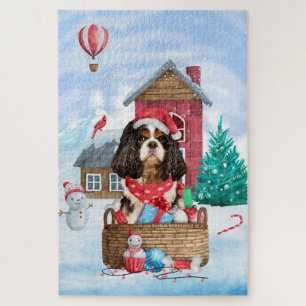 Cavalier King Dog In snow Christmas Dog House Jigsaw Puzzle