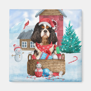 Cavalier King Dog In snow Christmas Dog House Magnet