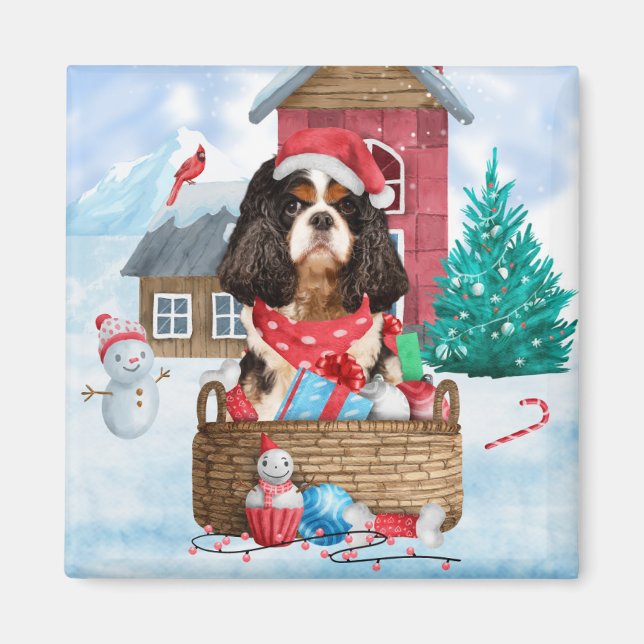 Cavalier King Dog In snow Christmas Dog House Magnet (Front)