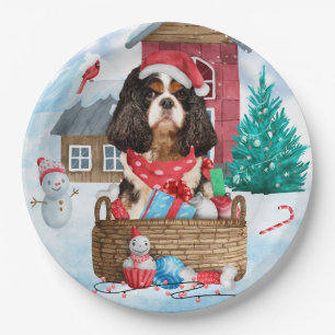 Cavalier King Dog In snow Christmas Dog House Paper Plate