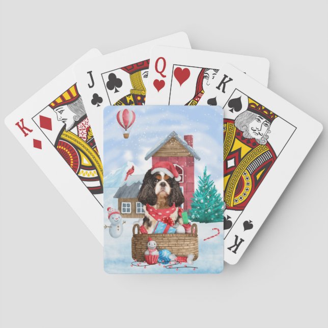 Cavalier King Dog In snow Christmas Dog House Playing Cards (Back)