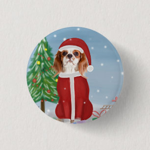 Cavalier King Dog in Snow with Christmas gifts 1 Inch Round Button
