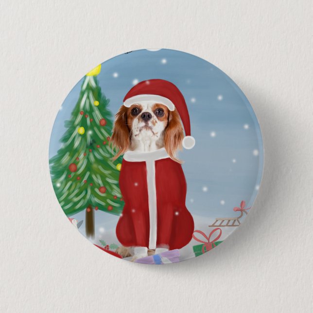 Cavalier King Dog in Snow with Christmas gifts  2 Inch Round Button (Front)