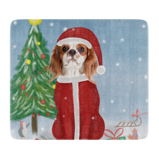 Cavalier King Dog in Snow with Christmas gifts  Cutting Board (Front)