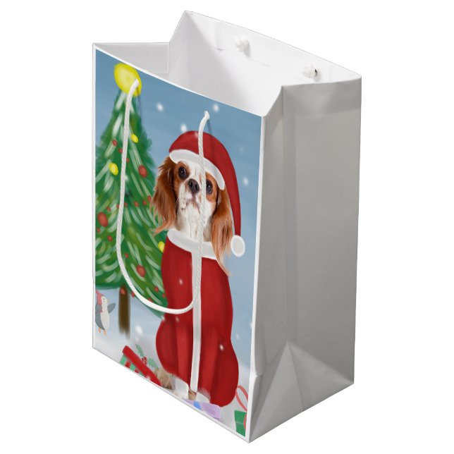 Cavalier King Dog in Snow with Christmas gifts  Medium Gift Bag (Front Angled)