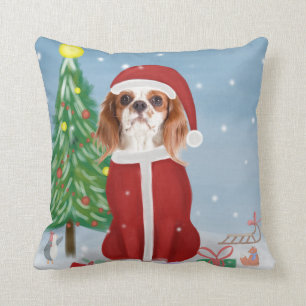 Cavalier King Dog in Snow with Christmas gifts Throw Pillow