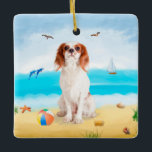 Cavalier King Dog on Beach Ceramic Ornament<br><div class="desc">Cute dog sitting on beach is a perfect gift idea for someone who love this dog breed.</div>