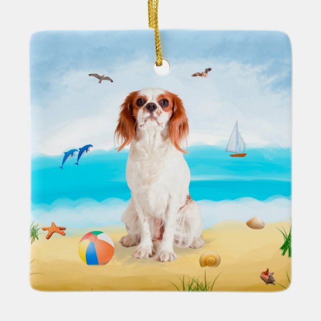 Cavalier King Dog on Beach Ceramic Ornament (Front)