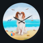 Cavalier King Dog on Beach Large Clock<br><div class="desc">Cute dog sitting on beach is a perfect gift idea for someone who love this dog breed.</div>