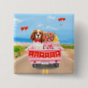 Cavalier King Dog Valentine's Day Truck Hearts 2 Inch Square Button