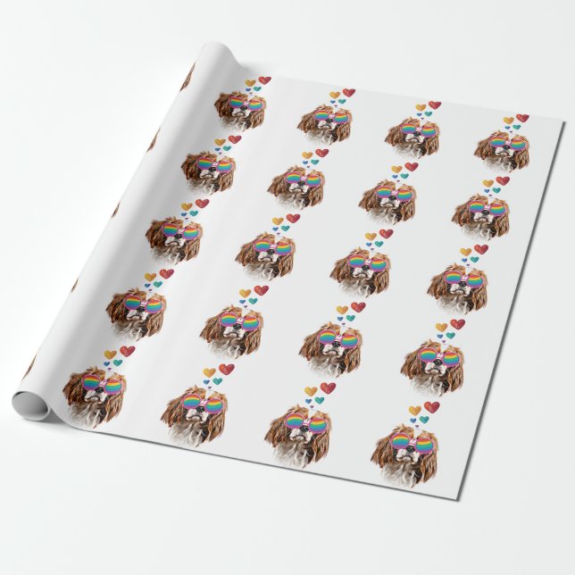 Cavalier King Dog with Hearts Valentine's Day Wrapping Paper (Unrolled)