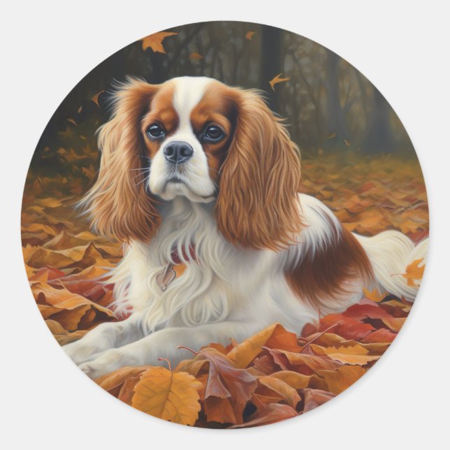 Cavalier King  in Autumn Leaves Fall Inspire  Classic Round Sticker (Front)