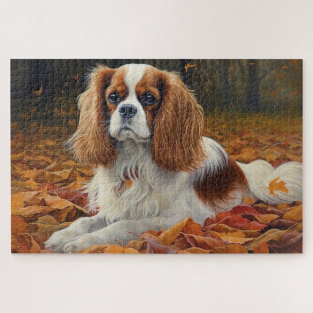 Cavalier King  in Autumn Leaves Fall Inspire  Jigsaw Puzzle (Horizontal)
