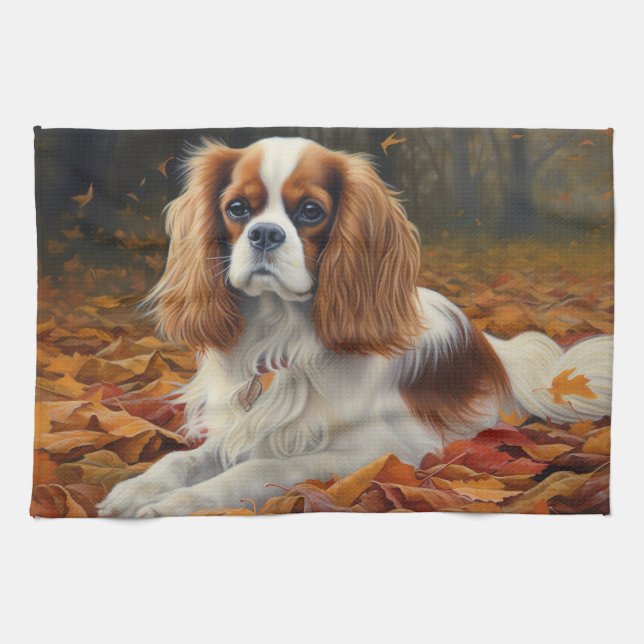 Cavalier King  in Autumn Leaves Fall Inspire  Kitchen Towel (Horizontal)