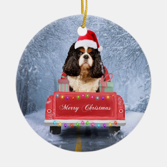 Cavalier King  in Snow sitting in Christmas Truck Ceramic Ornament (Front)
