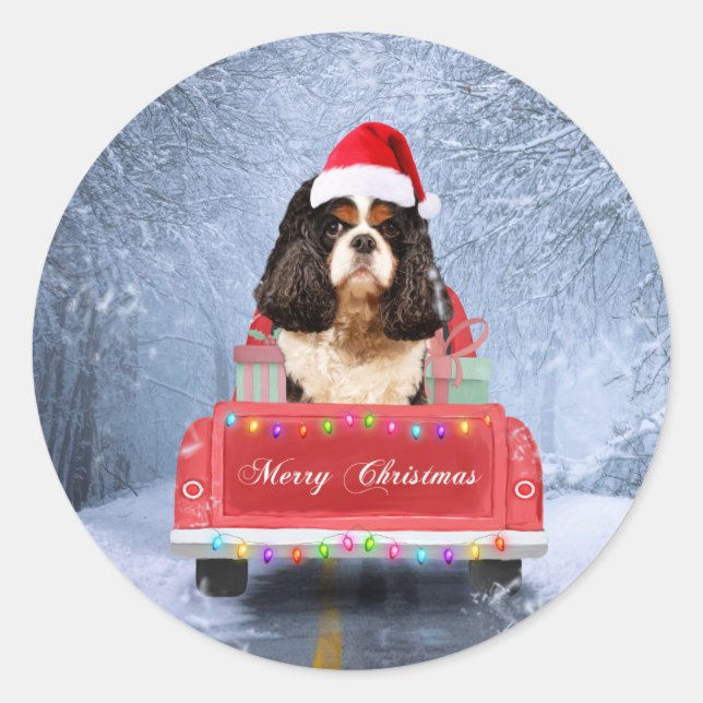 Cavalier King  in Snow sitting in Christmas Truck Classic Round Sticker (Front)