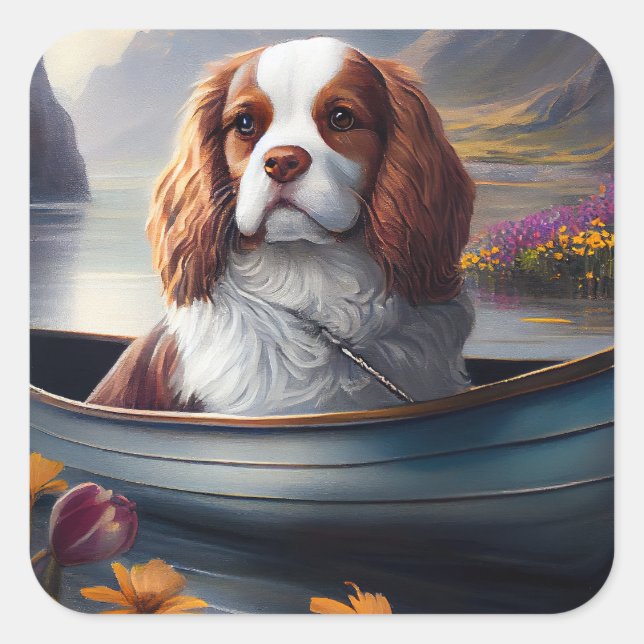 Cavalier King on a Paddle: A Scenic Adventure Square Sticker (Front)