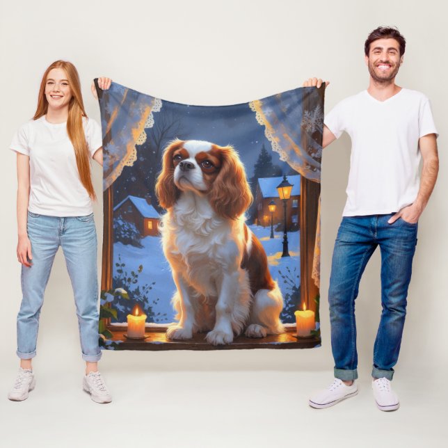 Cavalier King with Christmas Lights Holiday Fleece Blanket (In Situ)