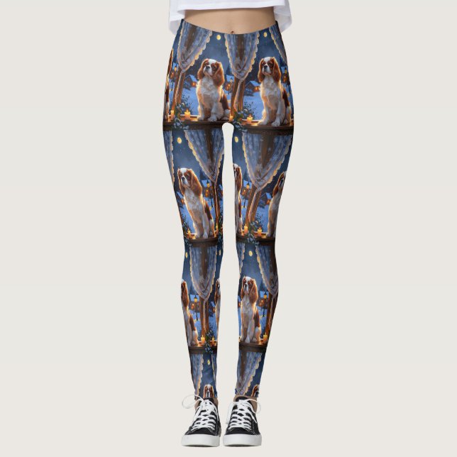 Cavalier King with Christmas Lights Holiday Leggings (Front)