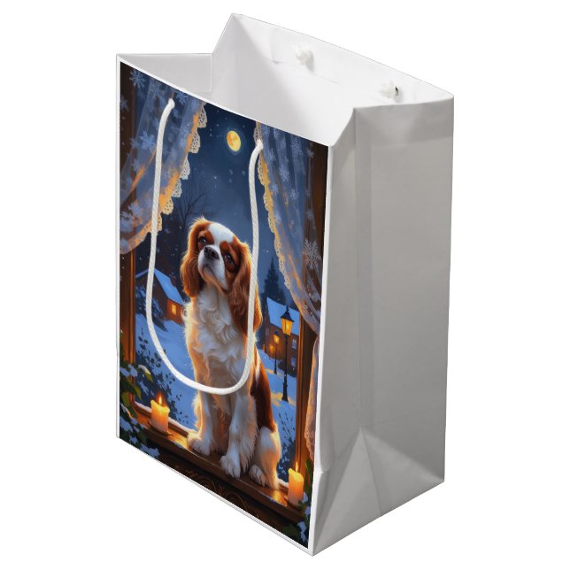 Cavalier King with Christmas Lights Holiday Medium Gift Bag (Front Angled)