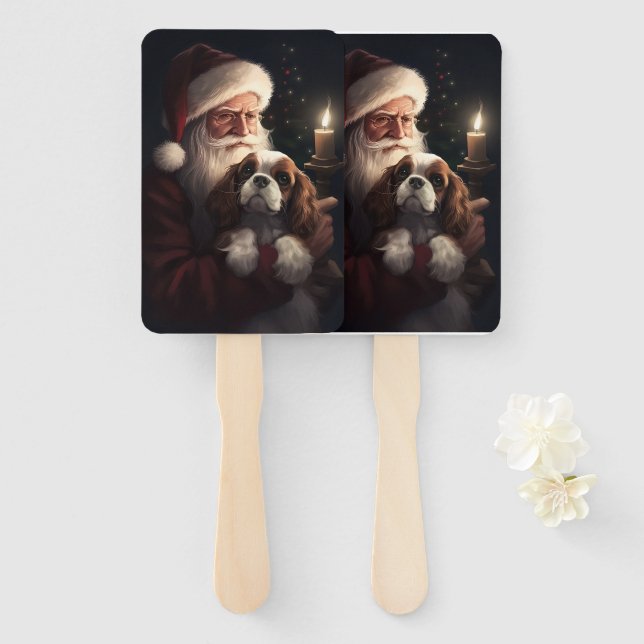 Cavalier King With Santa Claus Festive Christmas Hand Fan (Front and Back)